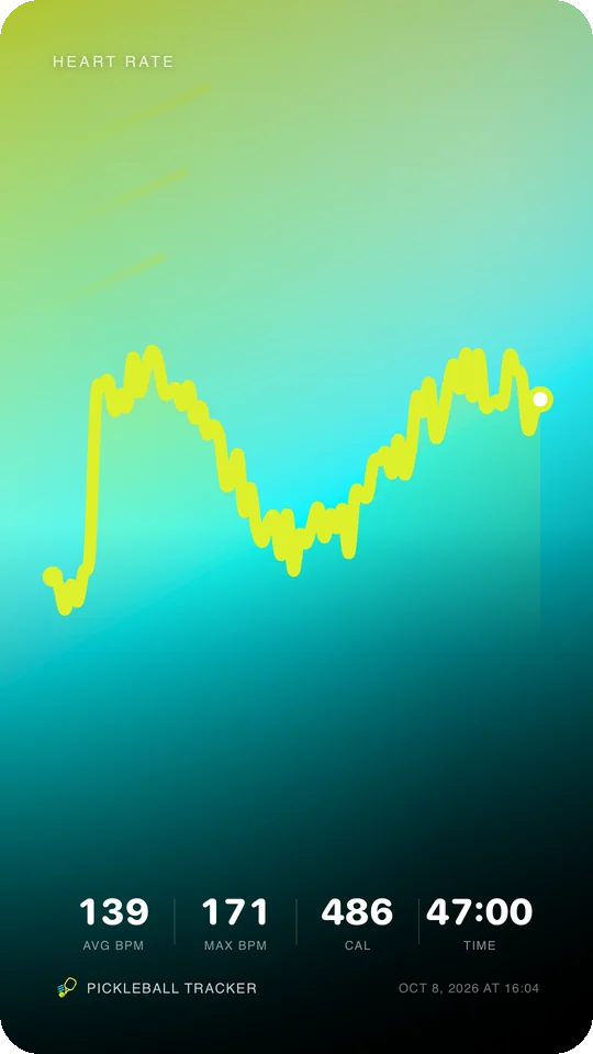 Pulse share card: heart-rate trace across the match with average, max, calories and time