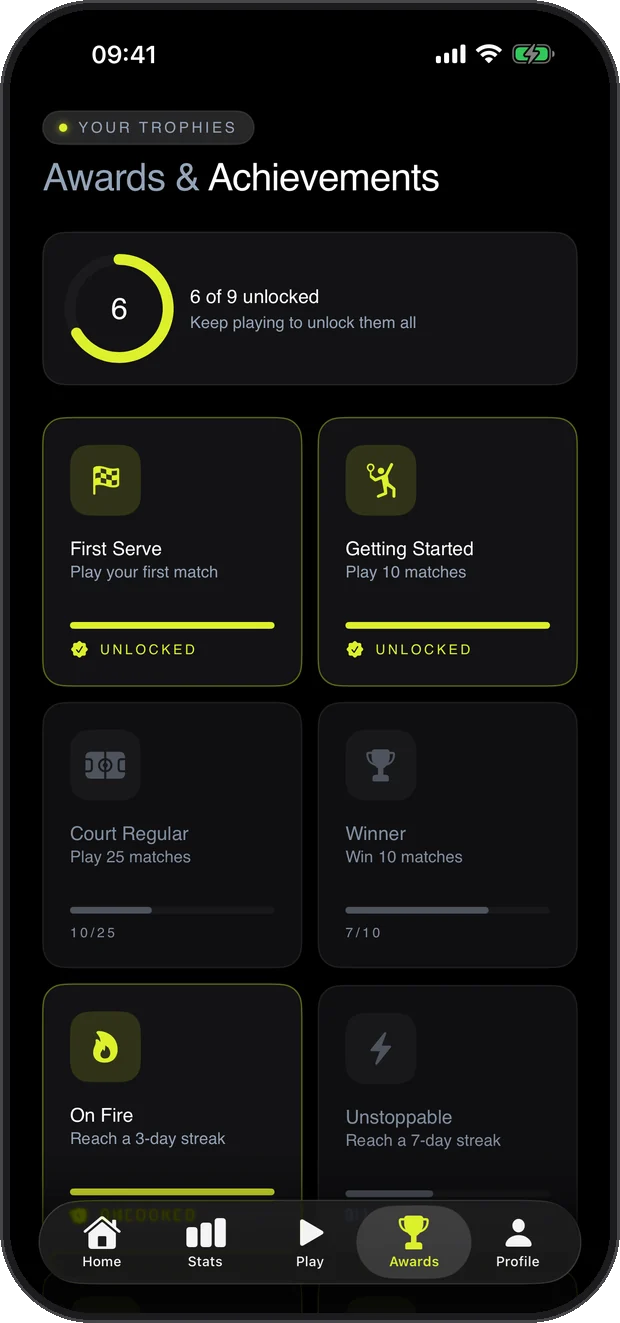 Awards screen with unlocked and in-progress achievements