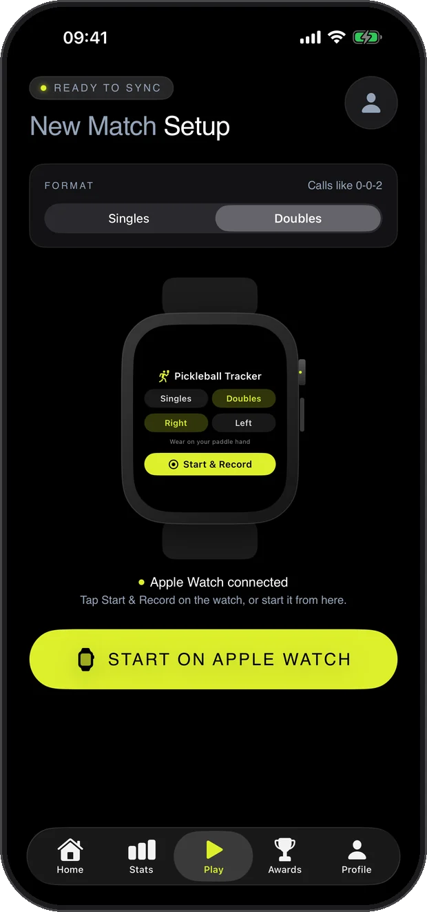 Play tab showing the connected watch and a Start on Apple Watch button