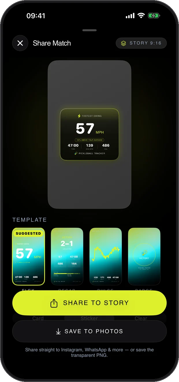 Share Match screen with template picker and Share to Story button