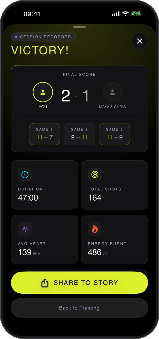 Match summary with final score by game, duration, shots, heart rate and calories