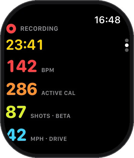 Watch live page showing time, heart rate, calories, shots and last swing speed