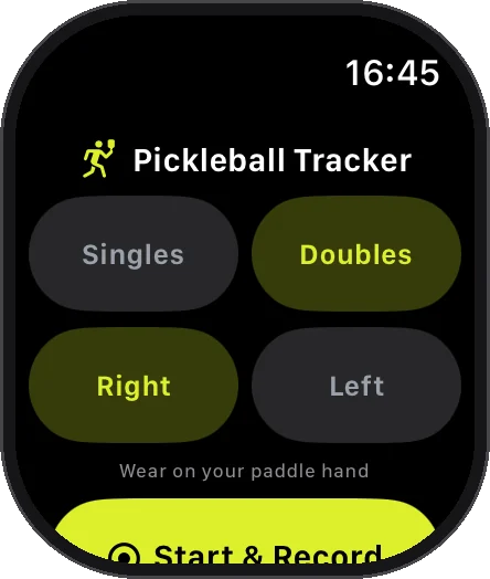 Watch start screen with Singles/Doubles and Right/Left choices and a Start & Record button