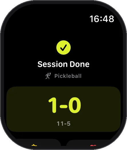 Watch session summary with final score, time, heart rate, calories and shots